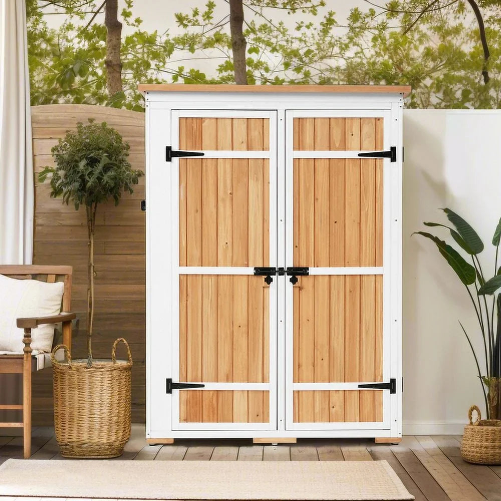Outdoor 5.5ft Hx4.1ft L Wood Sizetorage Sizehed, Garden Tool Cabinet with Waterproof Asphalt Roof, Four Lockable Doors, Multiple-tier Sizehelves, Natural