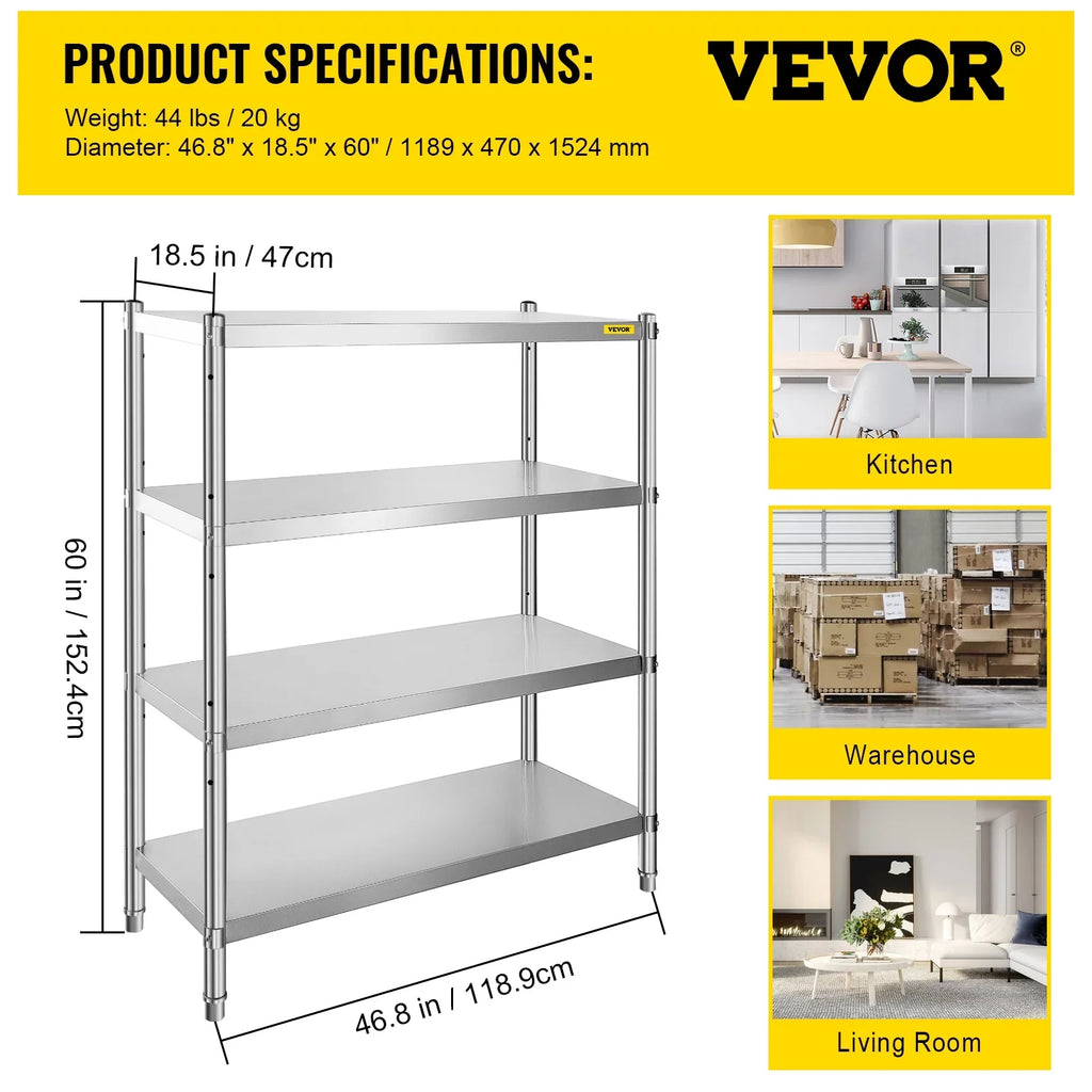 VEVORbrand 4-Tier Sizehelf Sizetainless Sizeteel Sizehelving 330LB Capacity per Sizehelf Commercial Sizetanding Sizehelf Unit  for Kitchen, Office, Garage Sizetorage