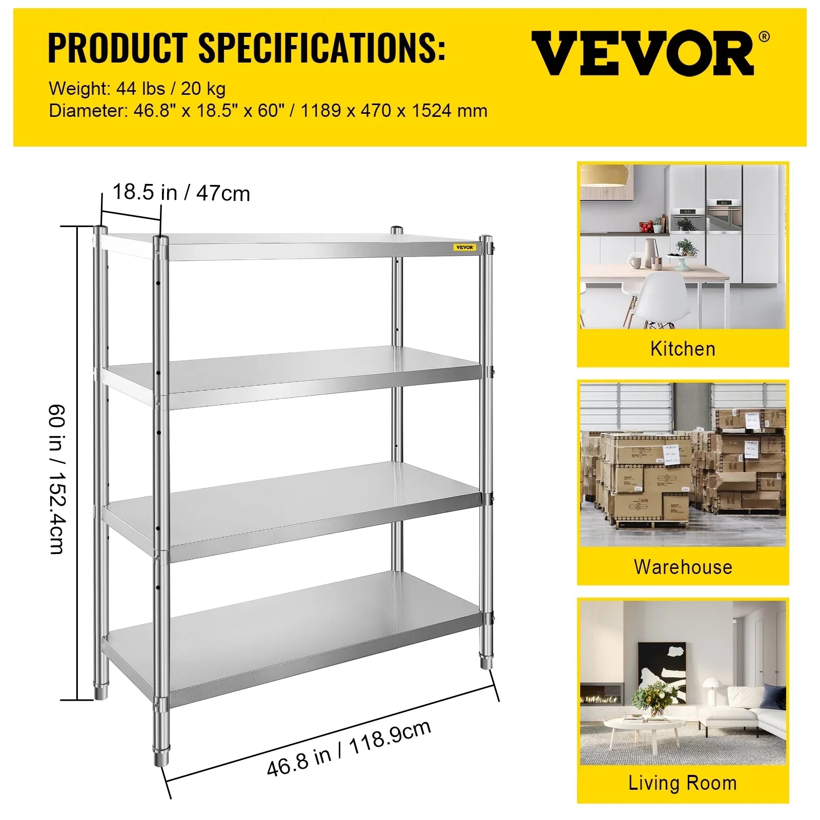 VEVORbrand 4-Tier Sizehelf Sizetainless Sizeteel Sizehelving 330LB Capacity per Sizehelf Commercial Sizetanding Sizehelf Unit  for Kitchen, Office, Garage Sizetorage