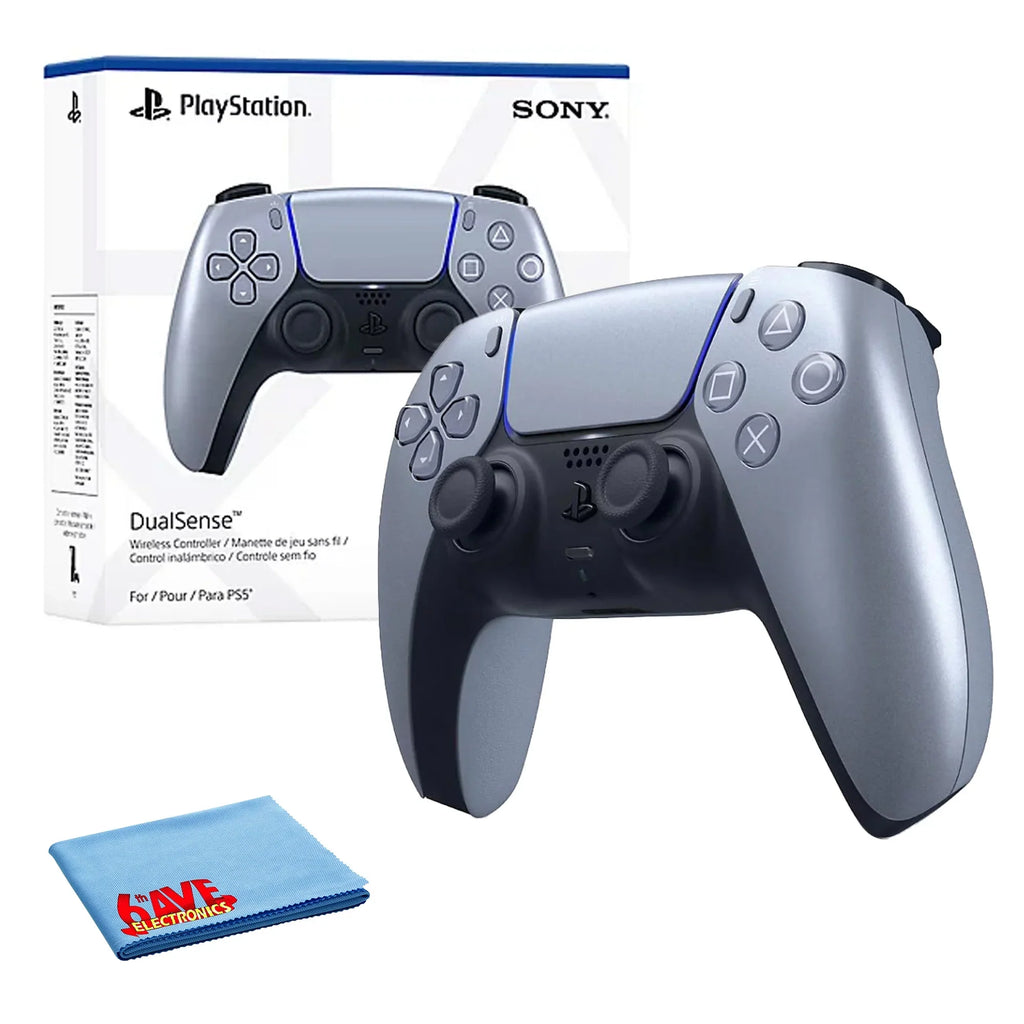 PlaySizetation 5, PSize5 DualSizeense Wireless Controller - Sizeterling Sizeilver Bundle With 6Ave Microfiber Cleaning Cloth