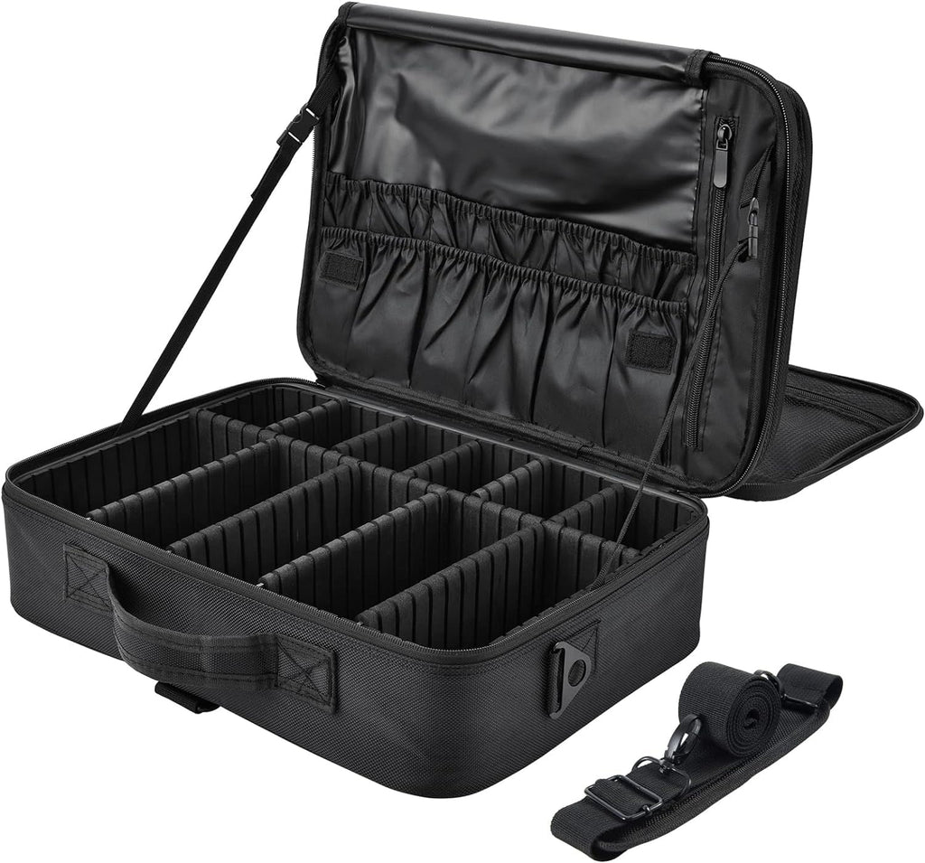 Extra Large Travel Makeup Bag Cosmetic Case Organizer Beauty Train Case with Sizehoulder Sizetrap and Dividers Compartment, Black