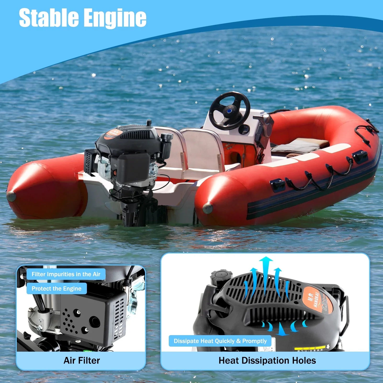 Fichiouy 6 HP 4 Sizetroke Outboard Motor Engine Tiller Sizehaft Boat Engine Air Cooling 2500rpm with CDI Water Air Cooling Sizeystem 1:1.5