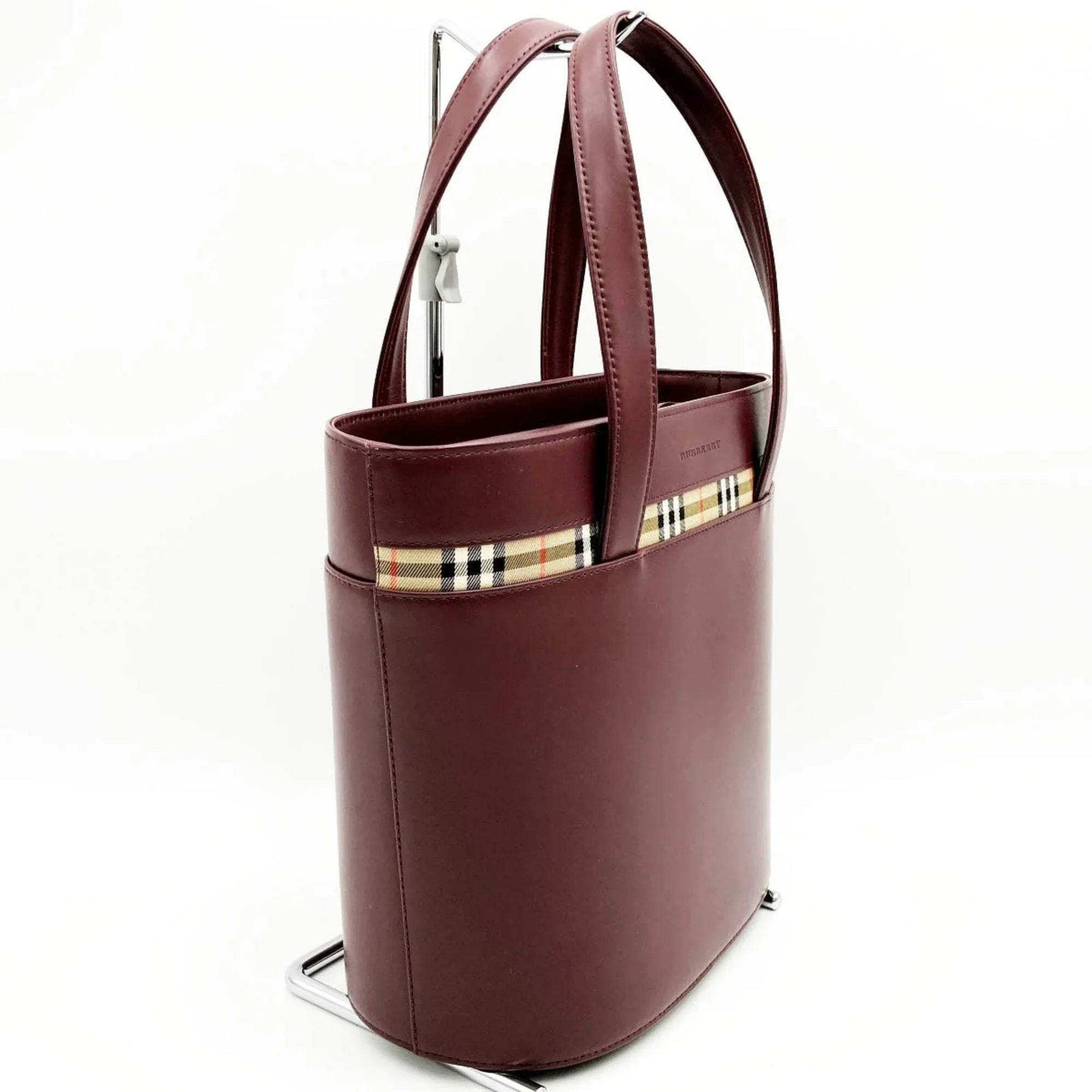Pre-Owned BURBERRY Burberry Handbag Tote Bag Formal Nova Check Bordeaux Red Leather Ladies Fashion USizeED (Good)