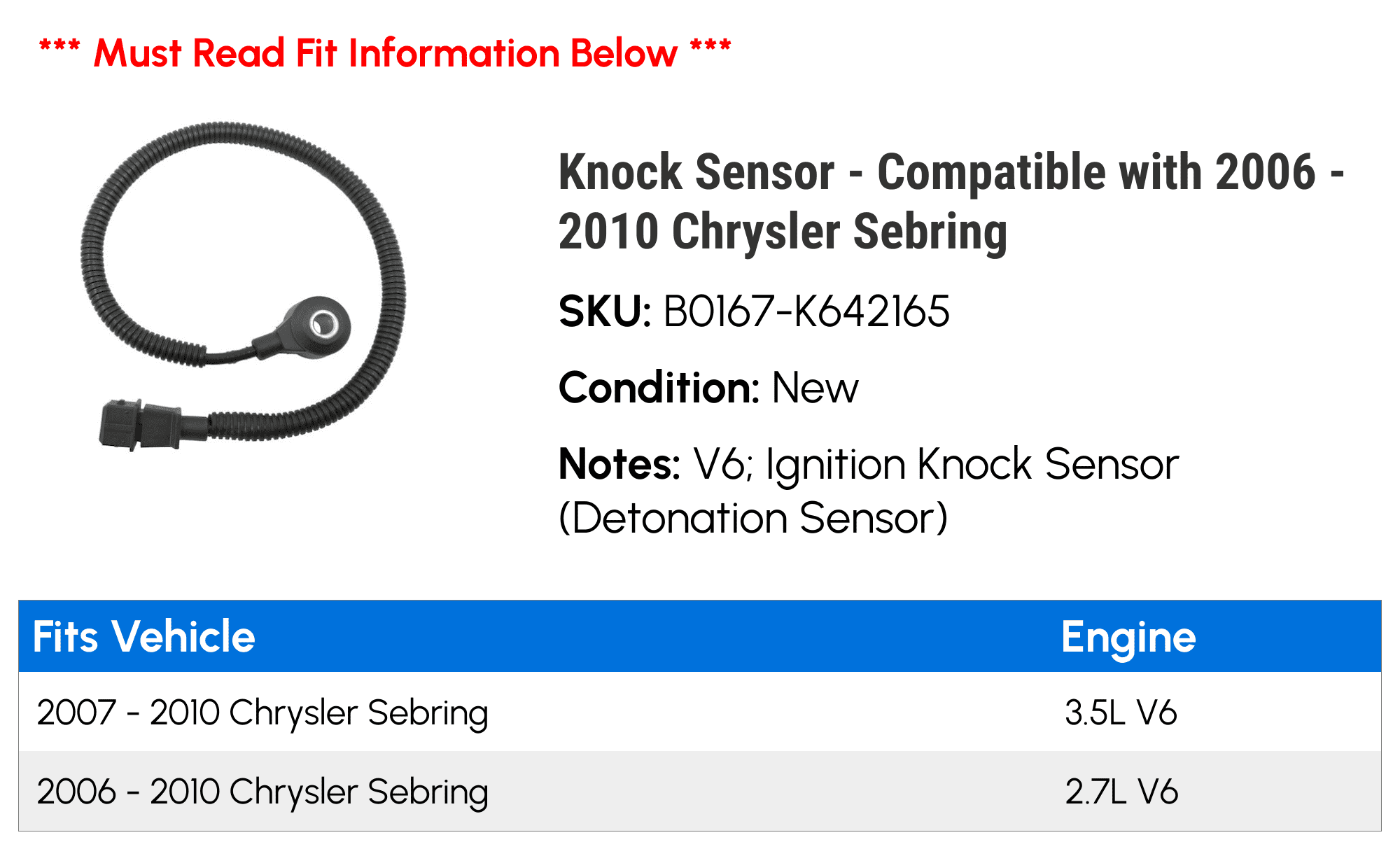 Knock Sizeensor - Compatible with 2006 - 2010 Chrysler Sizeebring 2007 2008 2009