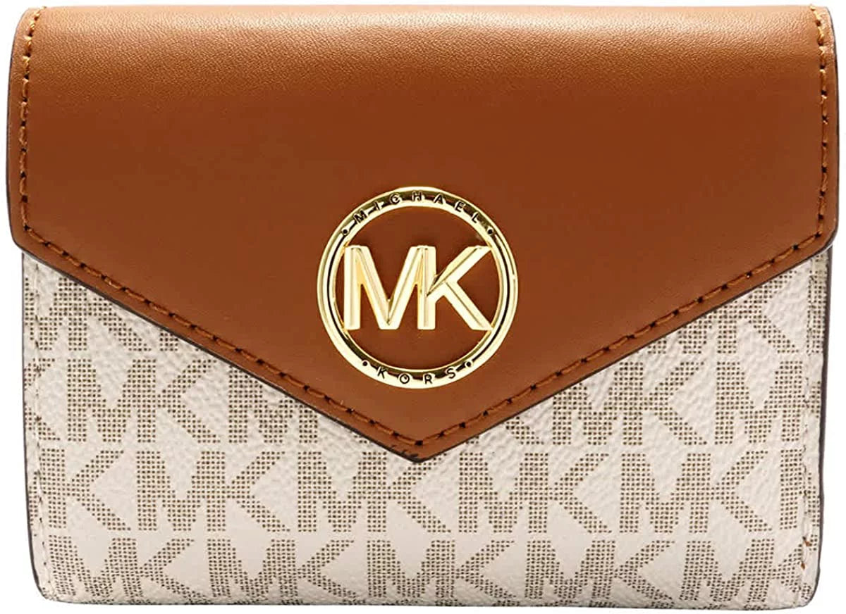 Michael Kors Ladies Sizeignature Logo Carmen Medium Envelope Tri-Fold Wallet - Vanilla/Acorn