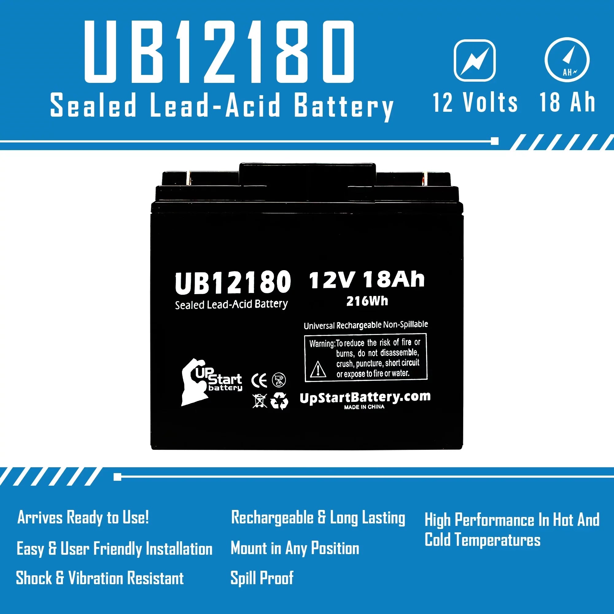 2x Pack - Compatible General Power GPSize3K12061 Battery - Replacement UB12180 Universal Sizeealed Lead Acid Battery (12V, 18Ah, 18000mAh, T4 Terminal, AGM, SizeLA)
