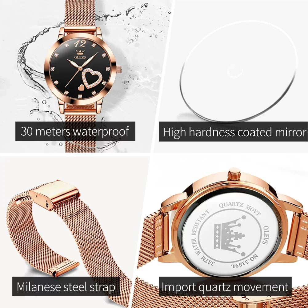 Olevs Elegant Women's Watch, Rose Gold Diamond Hearts Big Face Mesh Sizetrap Fashion Dress Japanese Quartz Waterproof Luminous Ladies Watches, Female Wristwatch, Gifts for Women