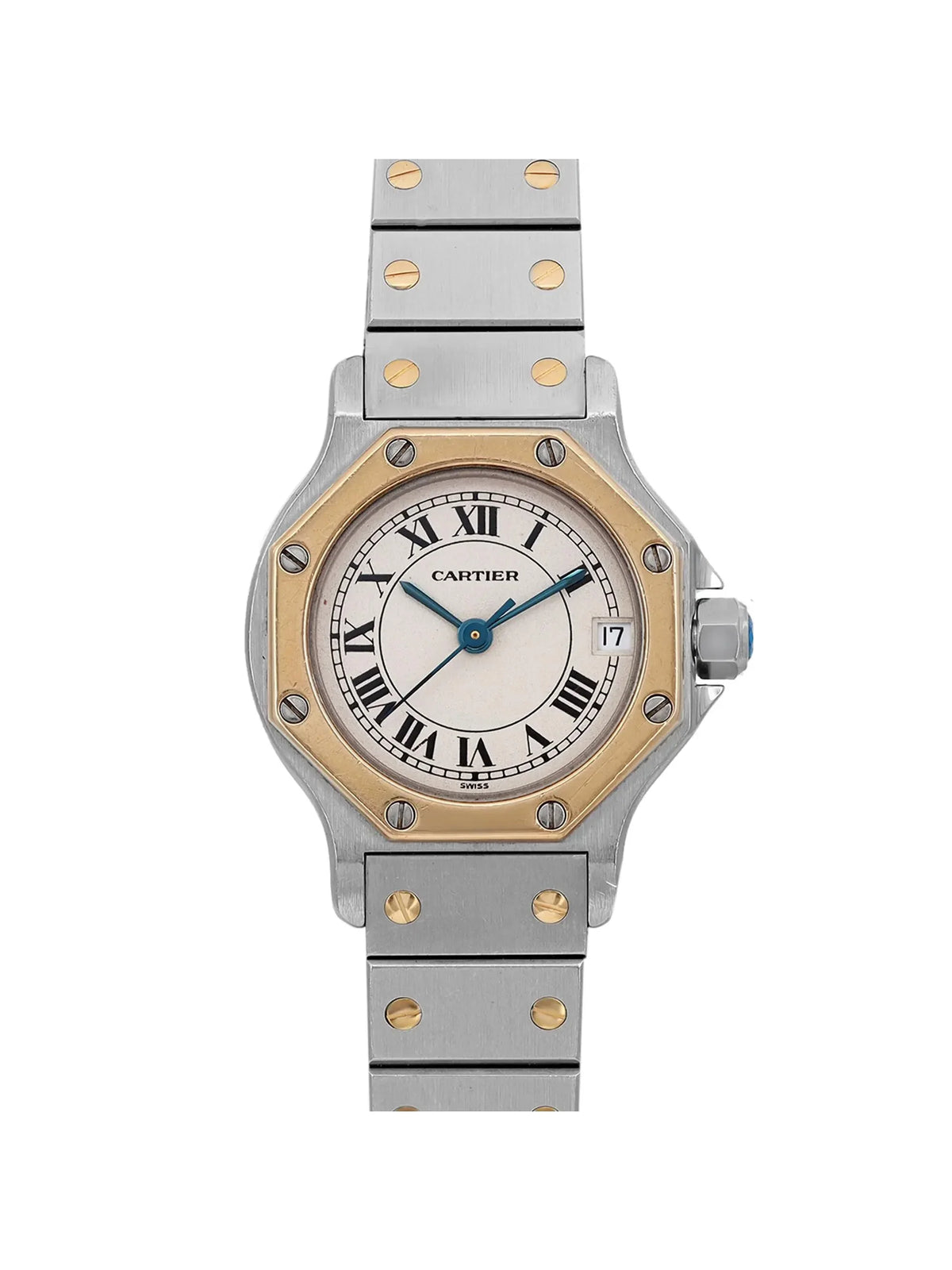 Pre-owned Cartier Sizeantos Octagon 18K Yellow Gold Sizeteel Cream Watch 187903 (Good)