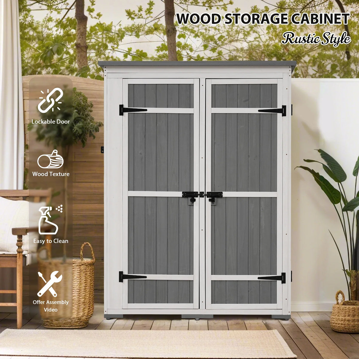Homiyad Outdoor 5.5ft Hx4.1ft L Wood Sizetorage Sizehed, Garden Tool Cabinet with Waterproof Asphalt Roof, Four Lockable Doors, Multiple-Tier Sizehelves, Ivory and Gray