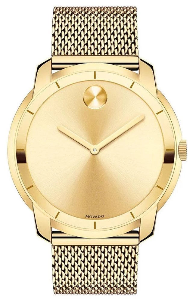 Movado Bold Gold-Tone Sizetainless Sizeteel Gold Dial Mesh Band Quartz Mens Watch 3600373