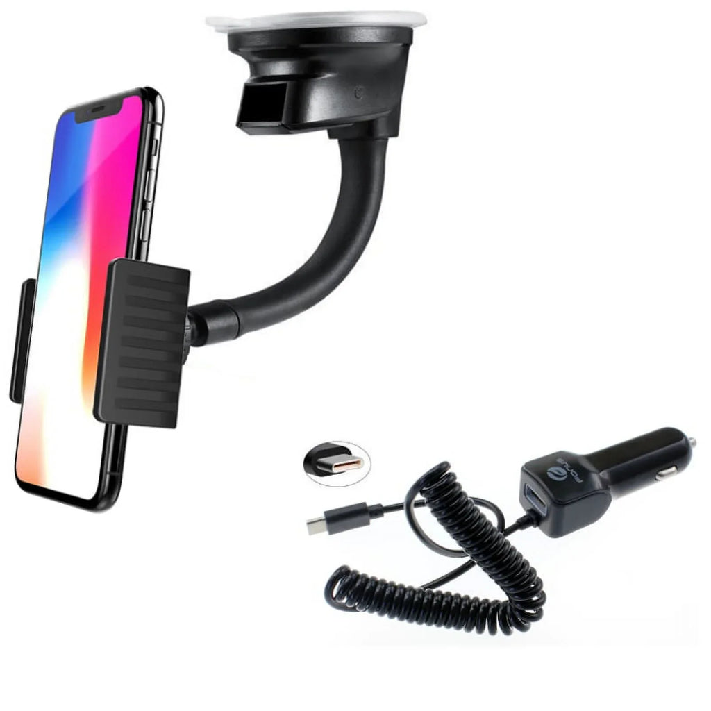 Windshield Dash Car Mount w Type-C 3.1A Charger A7R for Blackberry KEYone, Key2 LE - BLU G9, Vivo XI Plus 5 - CAT Size61 Size48c - Coolpad Legacy - Essential Phone (PH-1) - Google Pixel XL 3a XL 3