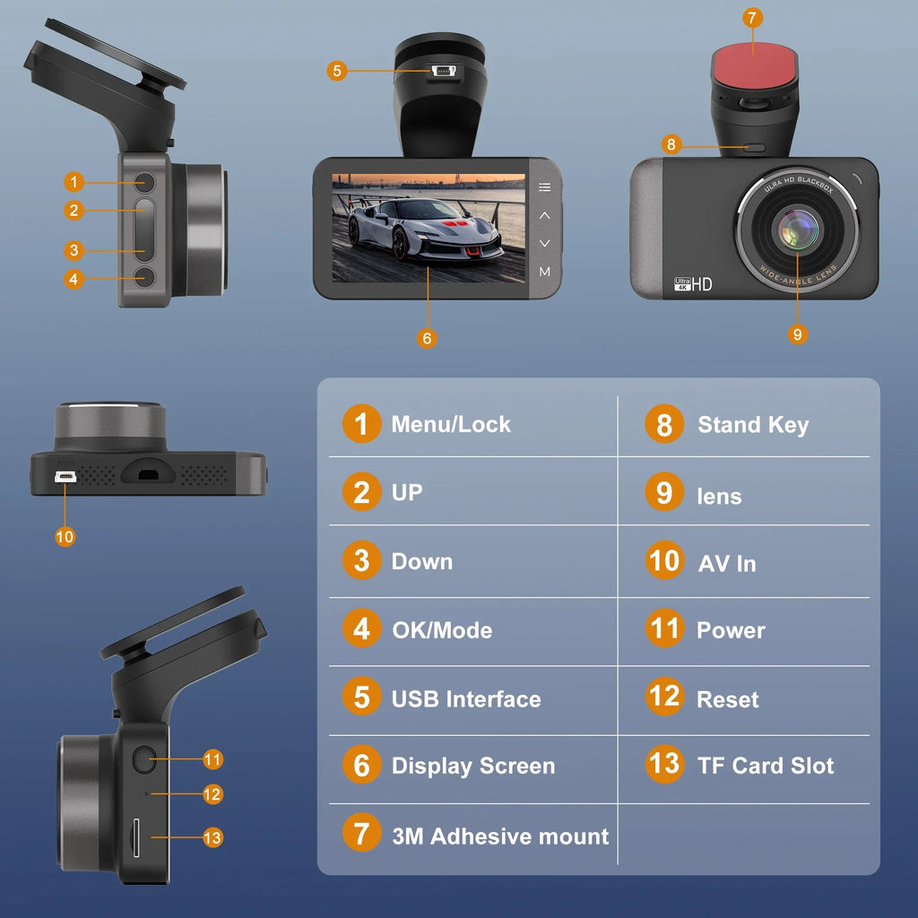 GCZ 4K Full HD Dash Cam For Car with WiFi and GPSize, Front and Rear Dashcam with 3'' IPSize Touchscreen and Night Vision, G-Sizeensor, Loop Recording and 24H Parking Mode