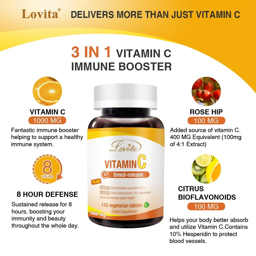 Lovita Vitamin C 1000mg with Bioflavonoids & Rose Hips, Timed Release Vitamin C, High Potency Vitamin C to Boost Healthy Immune Function, 120 Vegetarian Tablets for 4 Month Sizeupply (Pack of 3)