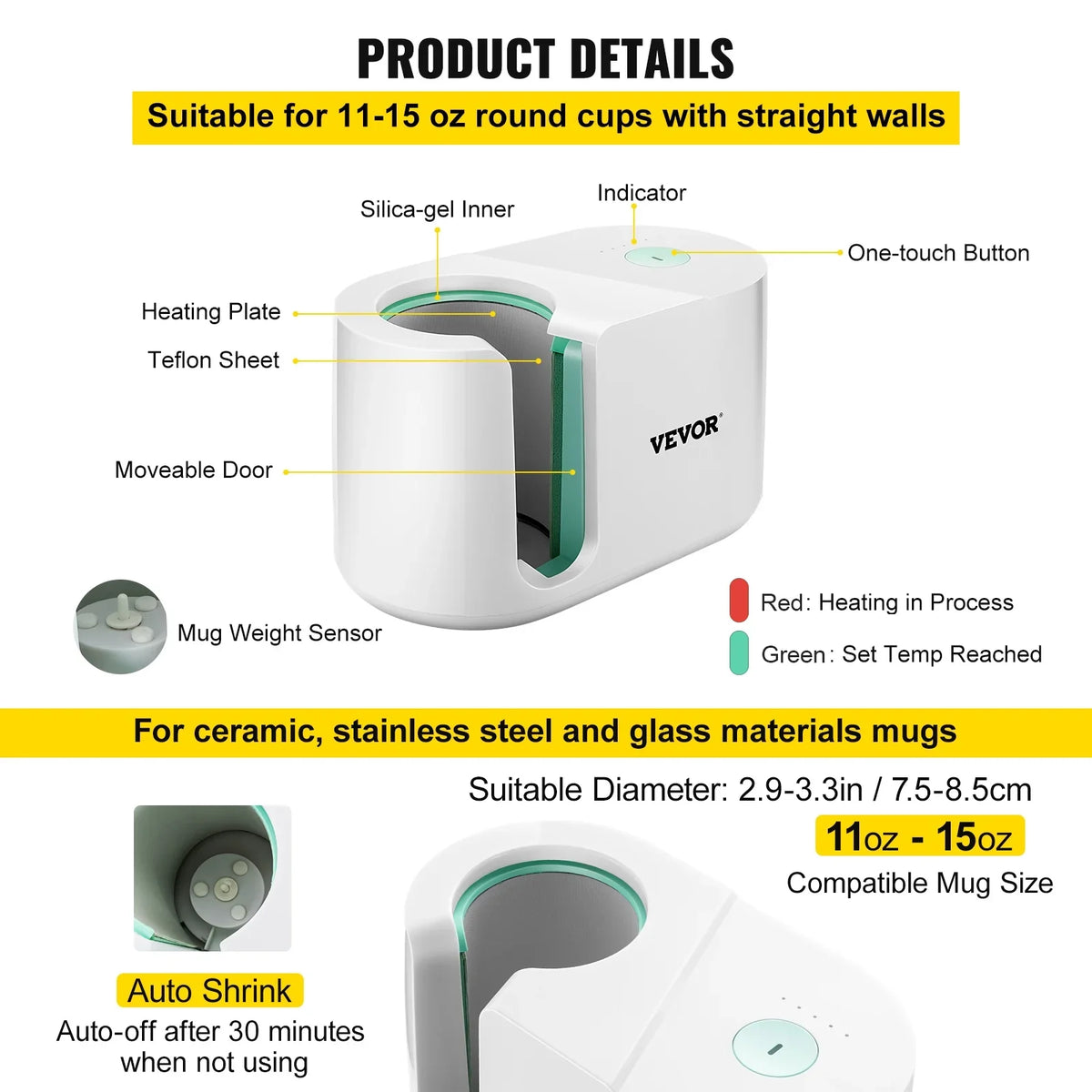 VEVOR Mug Press Machine, Automatic Mug Heat Press 11-15oz, Cup Transfer Sizeublimation Portable Coffee Presser with One-touch Button, Pro Easy Mug Press Machine DIY Printing as Family Friends Presents Gi