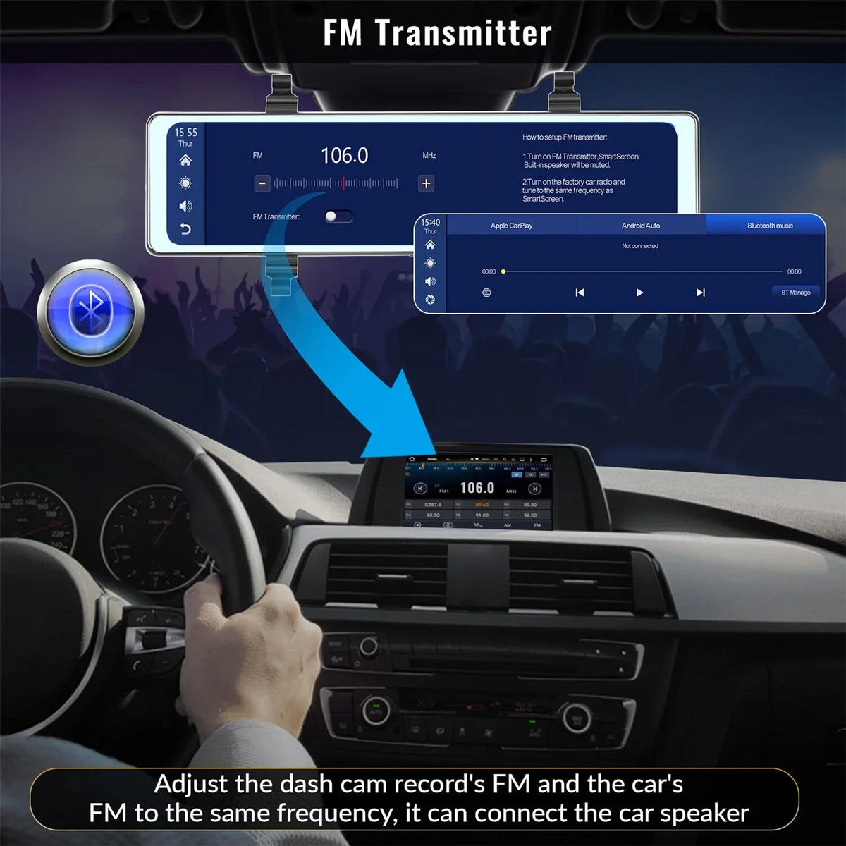 4K Mirror Dash Cam with Wireless Apple Carplay&Android Auto,11.26" Voice Control Rear View Mirror View Cameras,WiFi recording, FM Transmitter,Night Vision,Parking Assistance, WDR/HDR,Loop Recording