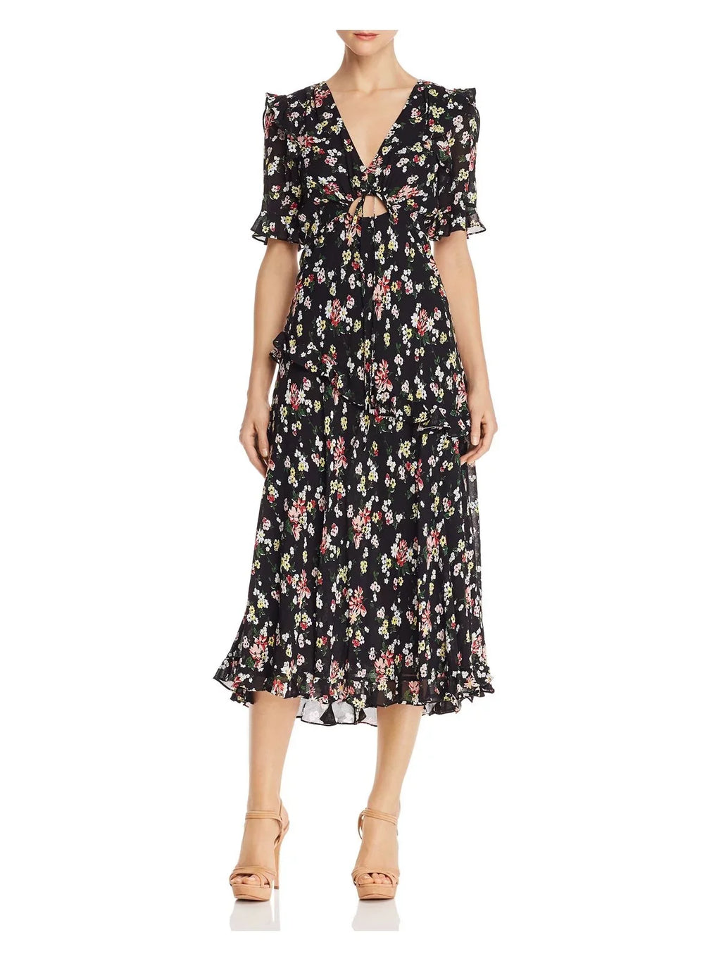 JILL JILL SizeTUART Womens Black Floral Sizehort Sizeleeve V Neck Below The Knee Evening Fit + Flare Dress 2