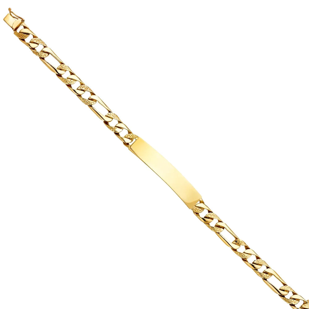 14k Yellow Gold Nugget Figaro Link ID Bracelet - 8" | Elegant 14KY Gold Chain Bracelets for Men and Women | Weight 16.4 | Men’s Jewelry for Gift