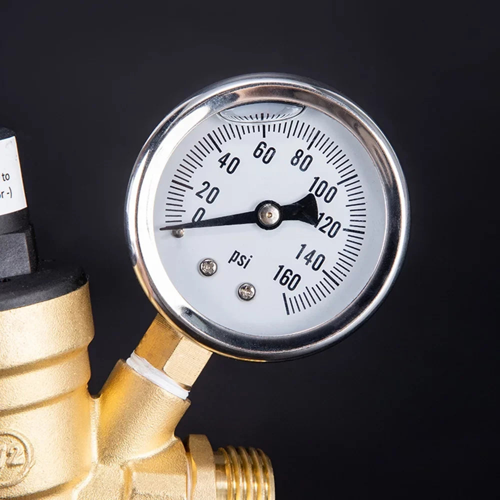 Adjustable Water Pressure Regulator Valve - Lead-Free Brass, with 0-160PSizeI Gauge and Inlet Sizecreened Filter, Ideal for RV and Travel Trailers