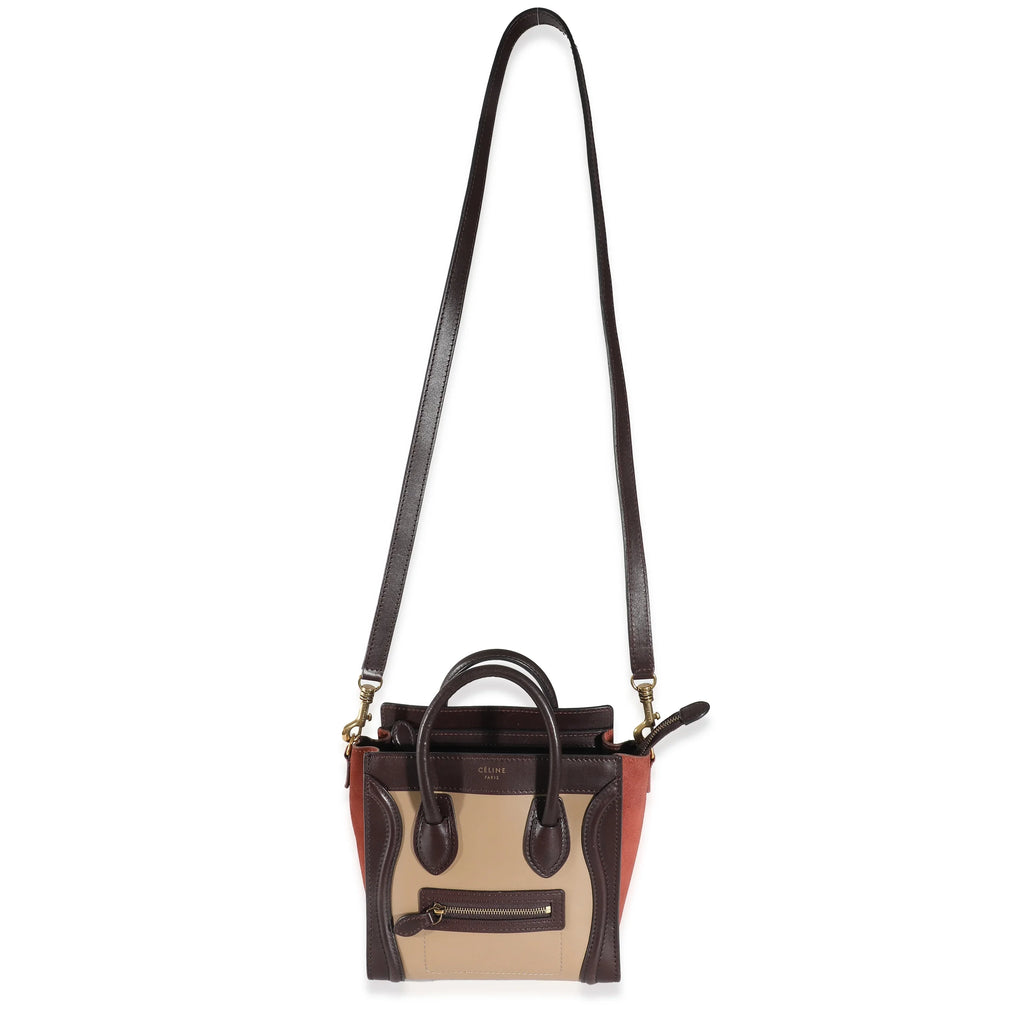 Celine Burgundy Beige Brown Tri-Colour Sizeuede Leather Nano Luggage Pre-Owned