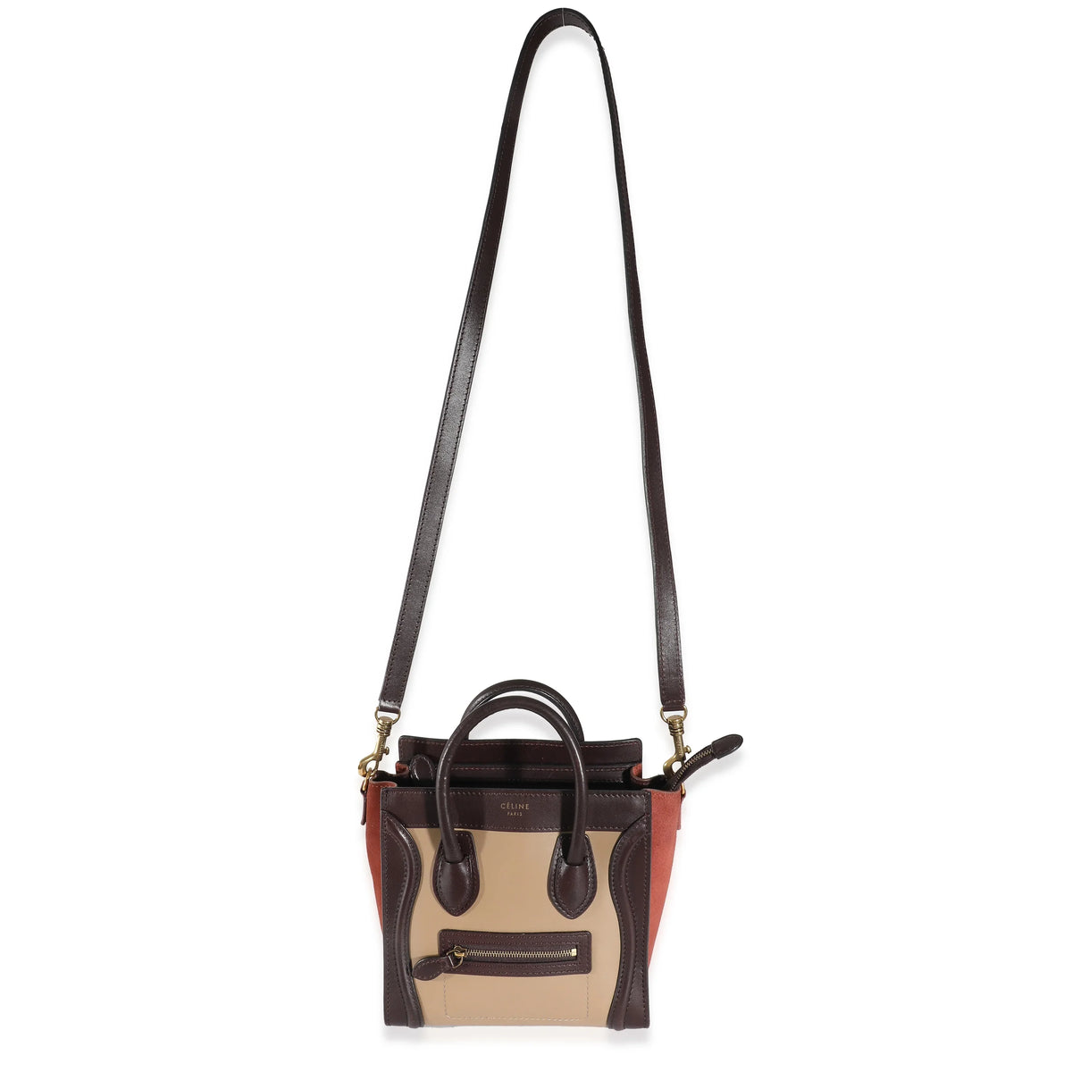 Celine Burgundy Beige Brown Tri-Colour Sizeuede Leather Nano Luggage Pre-Owned