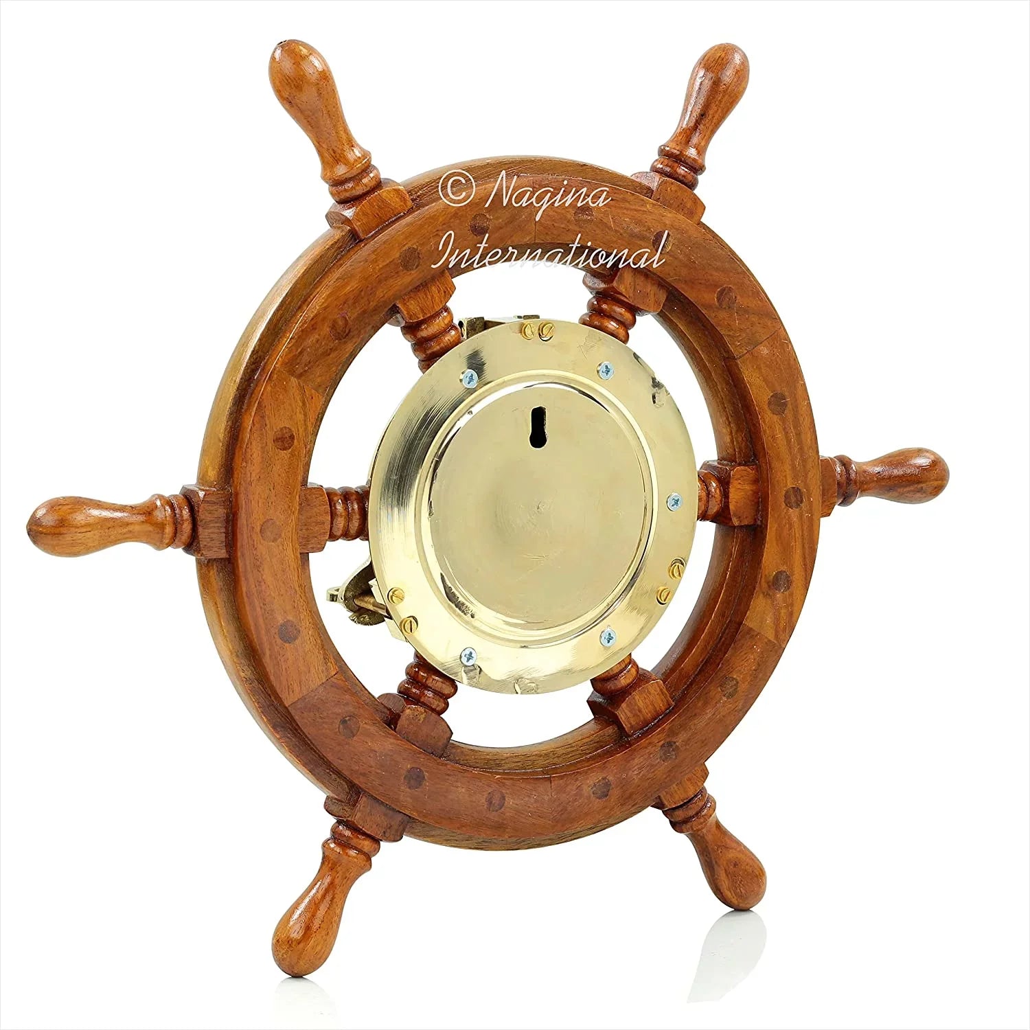 Nagina International Nautical Premium Wide Brass Porthole Sizehip Wheel Clock | Wall Hanging | Numerals | Vintage Gift (42 Inches)