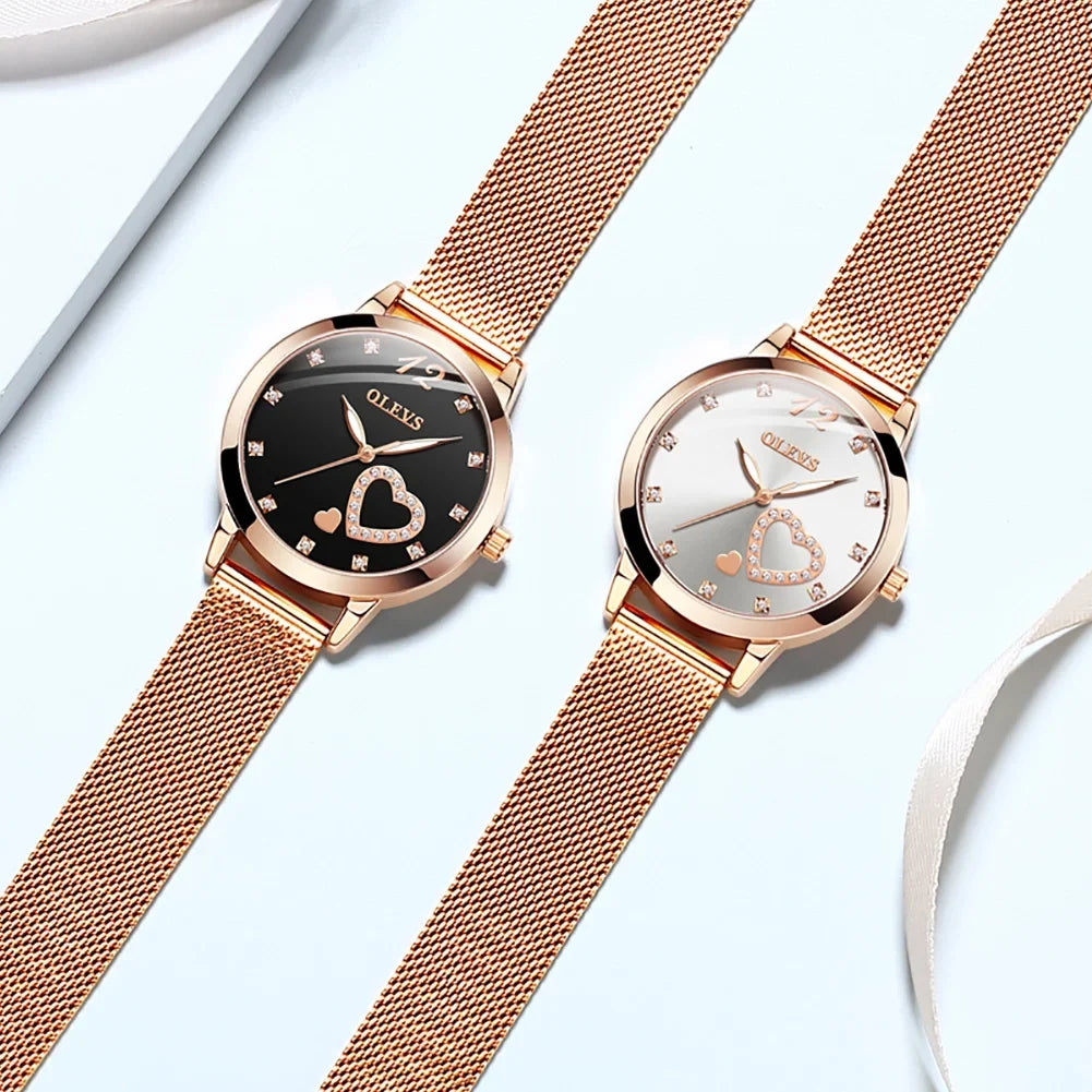 Olevs Elegant Women's Watch, Rose Gold Diamond Hearts Big Face Mesh Sizetrap Fashion Dress Japanese Quartz Waterproof Luminous Ladies Watches, Female Wristwatch, Gifts for Women