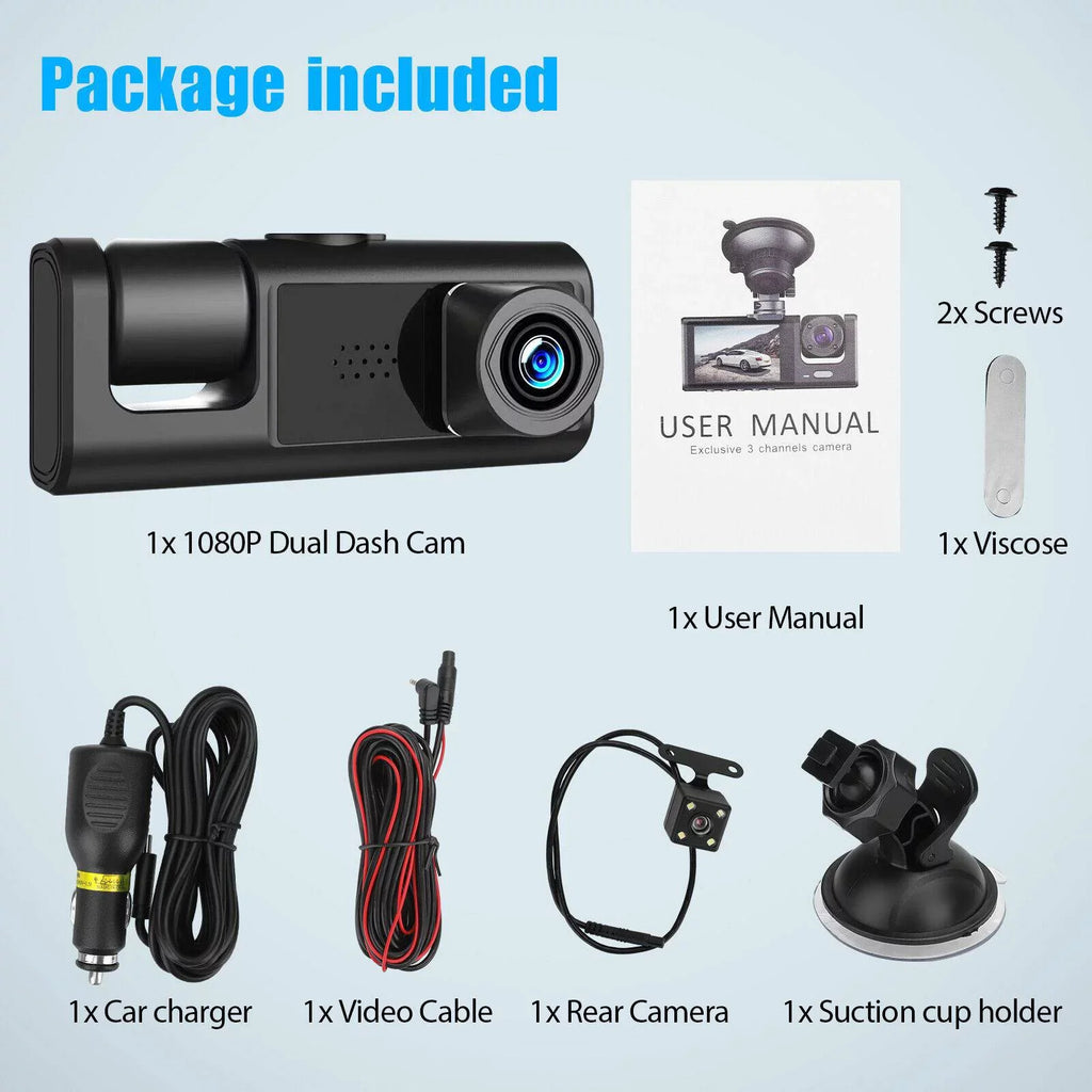 HD 1080P Car Dual Lens Dash Cam Front/Rear/Inside Video Recorder Camera G-sensor