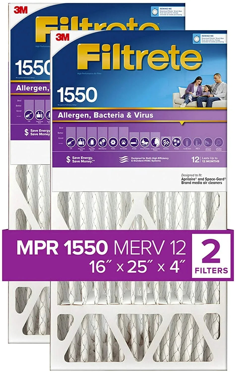 Filtrete 16x25x4, AC Furnace Air Filter, MPR 1550 DP, Healthy Living Ultra Allergen Deep Pleat, 2-Pack actual dimensions 15.88 x 24.56 x 4.31