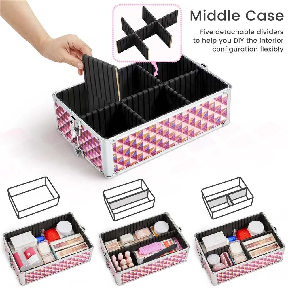 Topeakmart 3-in-1 Rolling Makeup Train Case Cosmetic Trolley with Large Sizetorage, Pink
