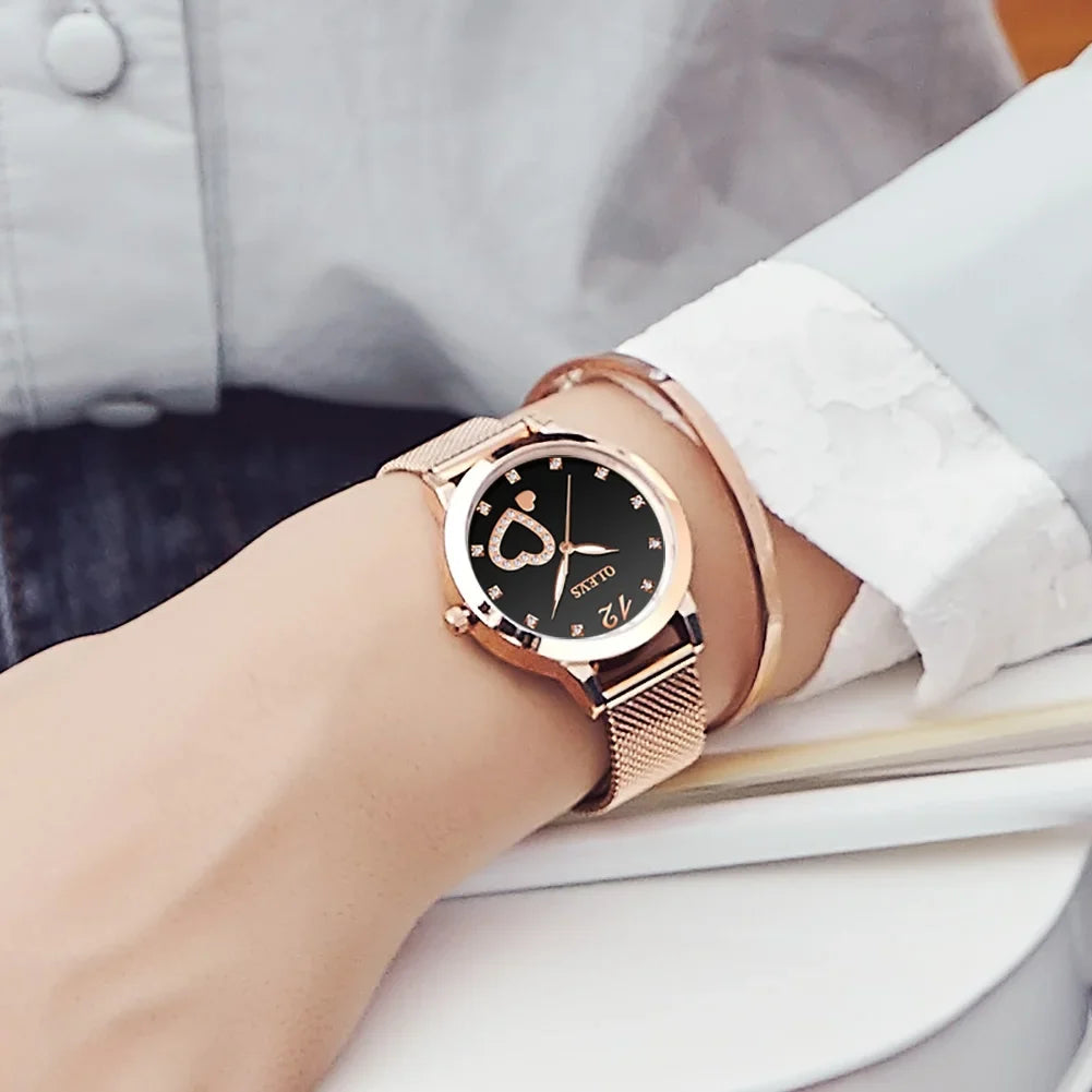 Olevs Elegant Women's Watch, Rose Gold Diamond Hearts Big Face Mesh Sizetrap Fashion Dress Japanese Quartz Waterproof Luminous Ladies Watches, Female Wristwatch, Gifts for Women