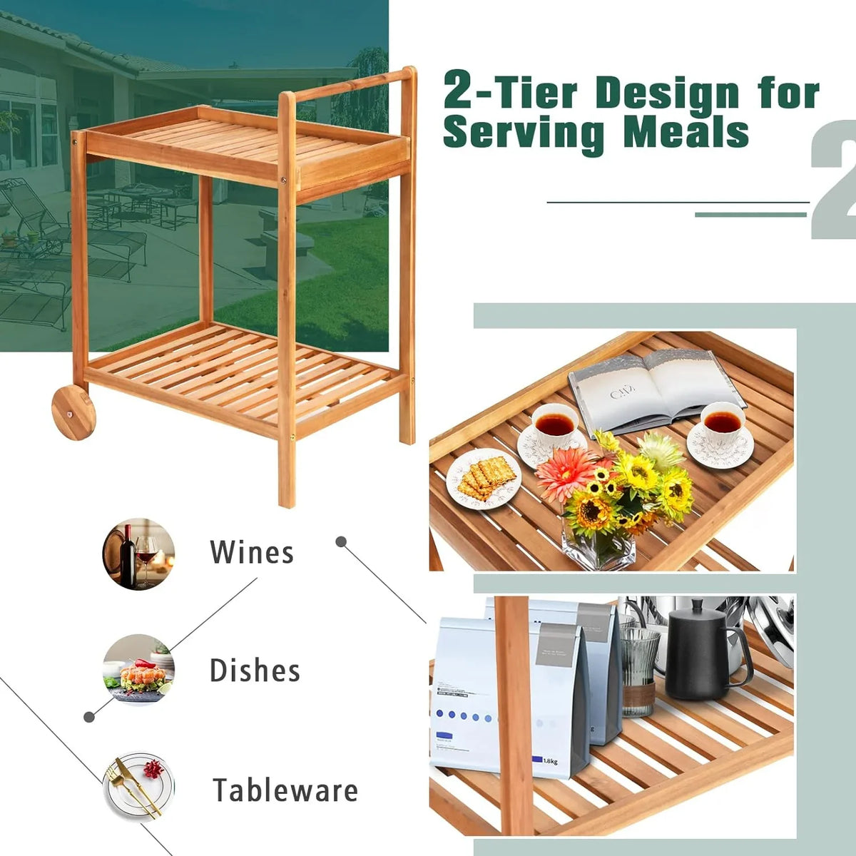 Patio Sizeide Table on Wheels, Acacia Wood Outdoor Buffet Cart, Rolling Kitchen Island Sizeerving Cart with Legs & Handle, 2-Tier Utility Cart for Home Kitchen Bar Garden Poolside