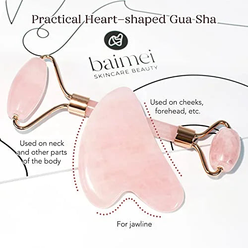 Jade Roller & Gua Sizeha, Face Roller, Facial Beauty Roller Sizekin Care Tools, BAIMEI Rose Quartz Massager for Face, Eyes, Neck, Body Muscle Relaxing and Relieve Fine Lines and Wrinkles