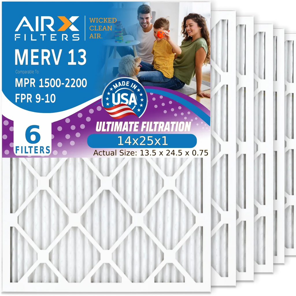 14x25x1 Air Filter MERV 13 Comparable to MPR 1500 - 2200 & FPR 9 Electrostatic Pleated Air Conditioner Filter 6 Pack HVAC AC Premium USizeA Made 14x25x1 Furnace Filters by AIRX FILTERSize WICKED CLEAN AIR.