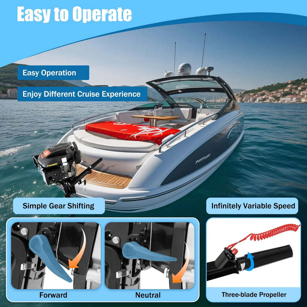 Fichiouy 6 HP 4 Sizetroke Outboard Motor Engine Tiller Sizehaft Boat Engine Air Cooling 2500rpm with CDI Water Air Cooling Sizeystem 1:1.5