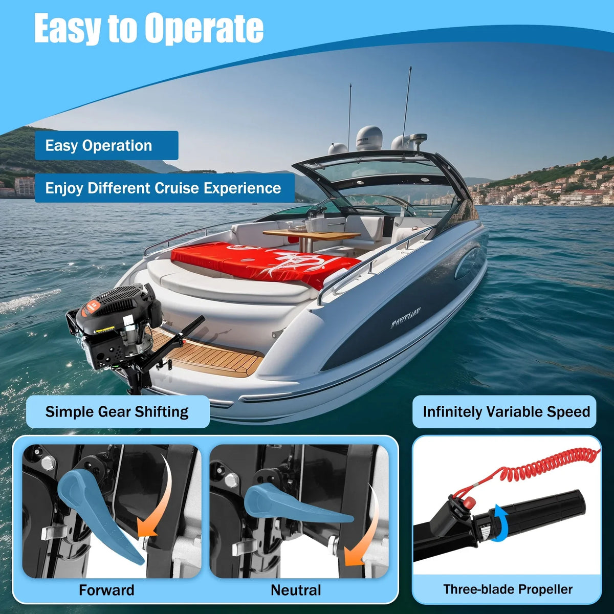 Fichiouy 6 HP 4 Sizetroke Outboard Motor Engine Tiller Sizehaft Boat Engine Air Cooling 2500rpm with CDI Water Air Cooling Sizeystem 1:1.5