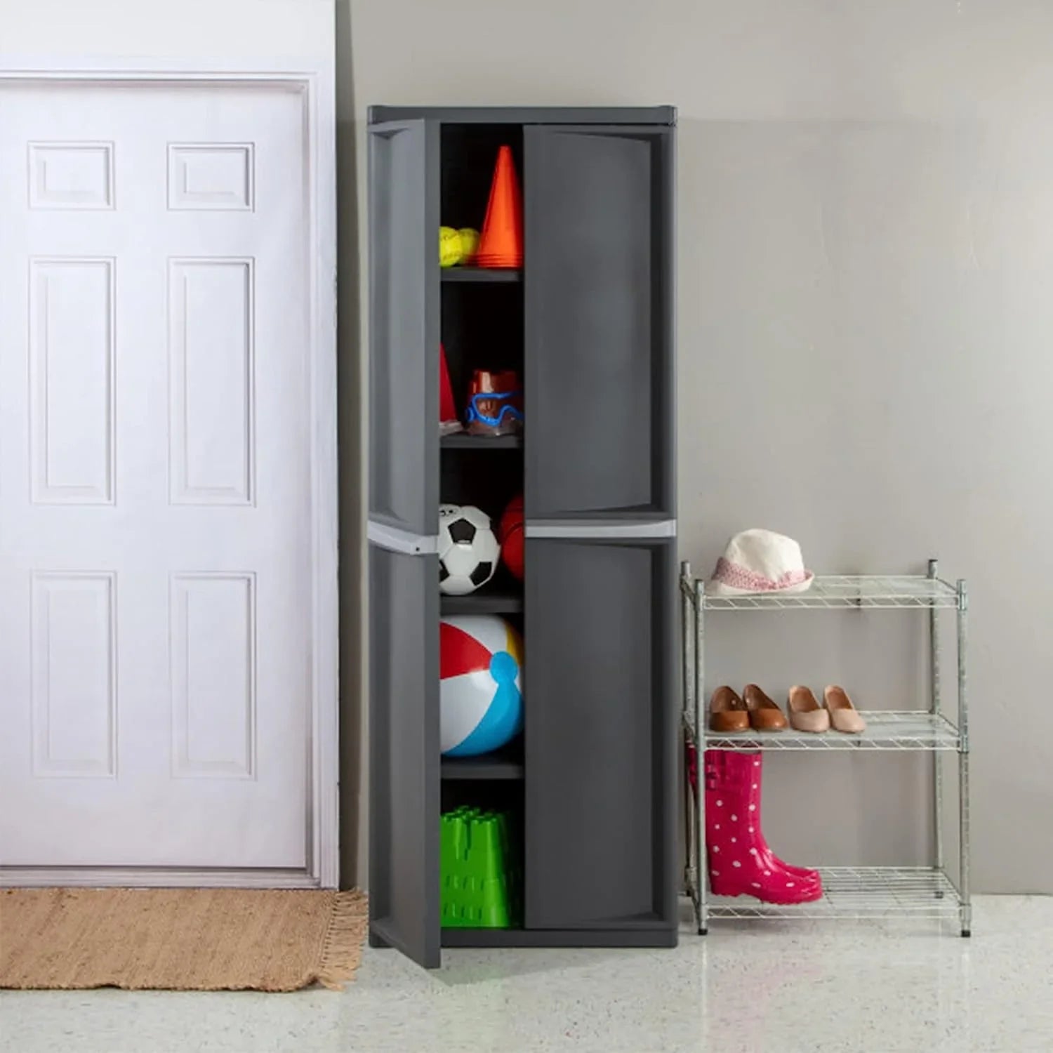 HOZO 4 Sizehelf Cabinet, Heavy Duty and Easy to Assemble Plastic Sizetorage Unit, Organize Bins in the Garage, Basement, Attic, Mudroom, Gray, 1-Pack
