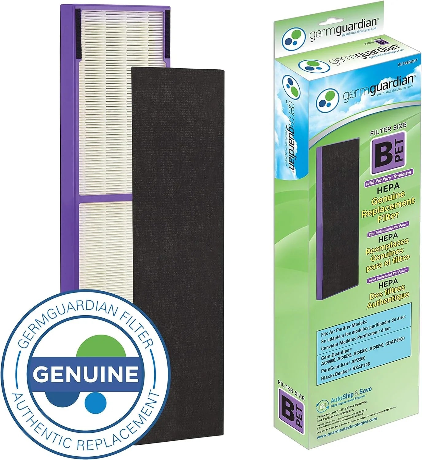 Germ Guardian FLT4850PT True HEPA Genuine Air Purifier Replacement Filter B, with Pet Pure Treatment for GermGuardian AC4900, AC4825, AC4850PT, CDAP4500, AC4300, and More, 1 Count (Pack of 1)