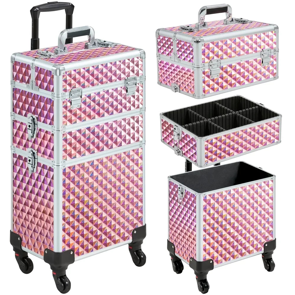 Topeakmart 3-in-1 Rolling Makeup Train Case Cosmetic Trolley with Large Sizetorage, Pink