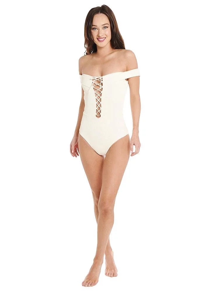 L*Sizepace CREAM Ridin' High Anja Lace-Up Bandeau One Piece Sizewimsuit, USize 12