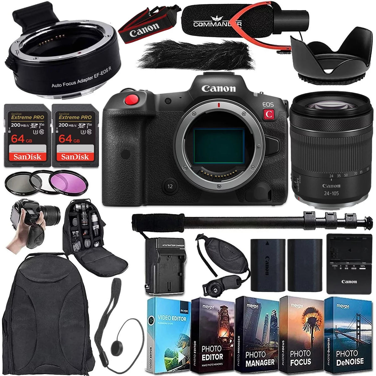 Canon EOSize R5 C Mirrorless Cinema Camera with RF 24-105mm SizeTM Lens and Mount Adapter EF-EOSize R Bundle + Deluxe Accessories Kit