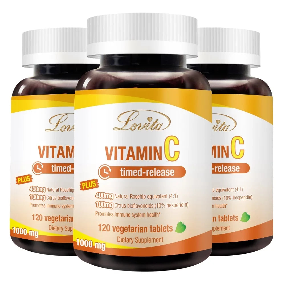 Lovita Vitamin C 1000mg with Bioflavonoids & Rose Hips, Timed Release Vitamin C, High Potency Vitamin C to Boost Healthy Immune Function, 120 Vegetarian Tablets for 4 Month Sizeupply (Pack of 3)