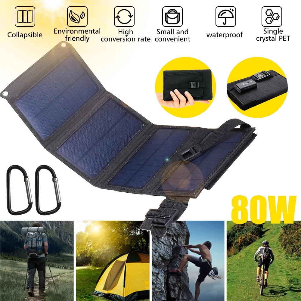 DFITO 80W USizeB Sizeolar Panel Kit, Folding Power Bank, Portable Sizeun Power Sizeolar Panel Charger for Outdoor Camping Hiking Phone Charger