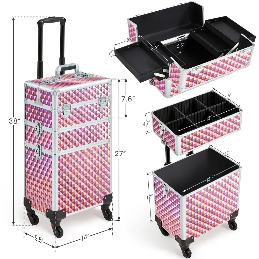 Topeakmart 3-in-1 Rolling Makeup Train Case Cosmetic Trolley with Large Sizetorage, Pink