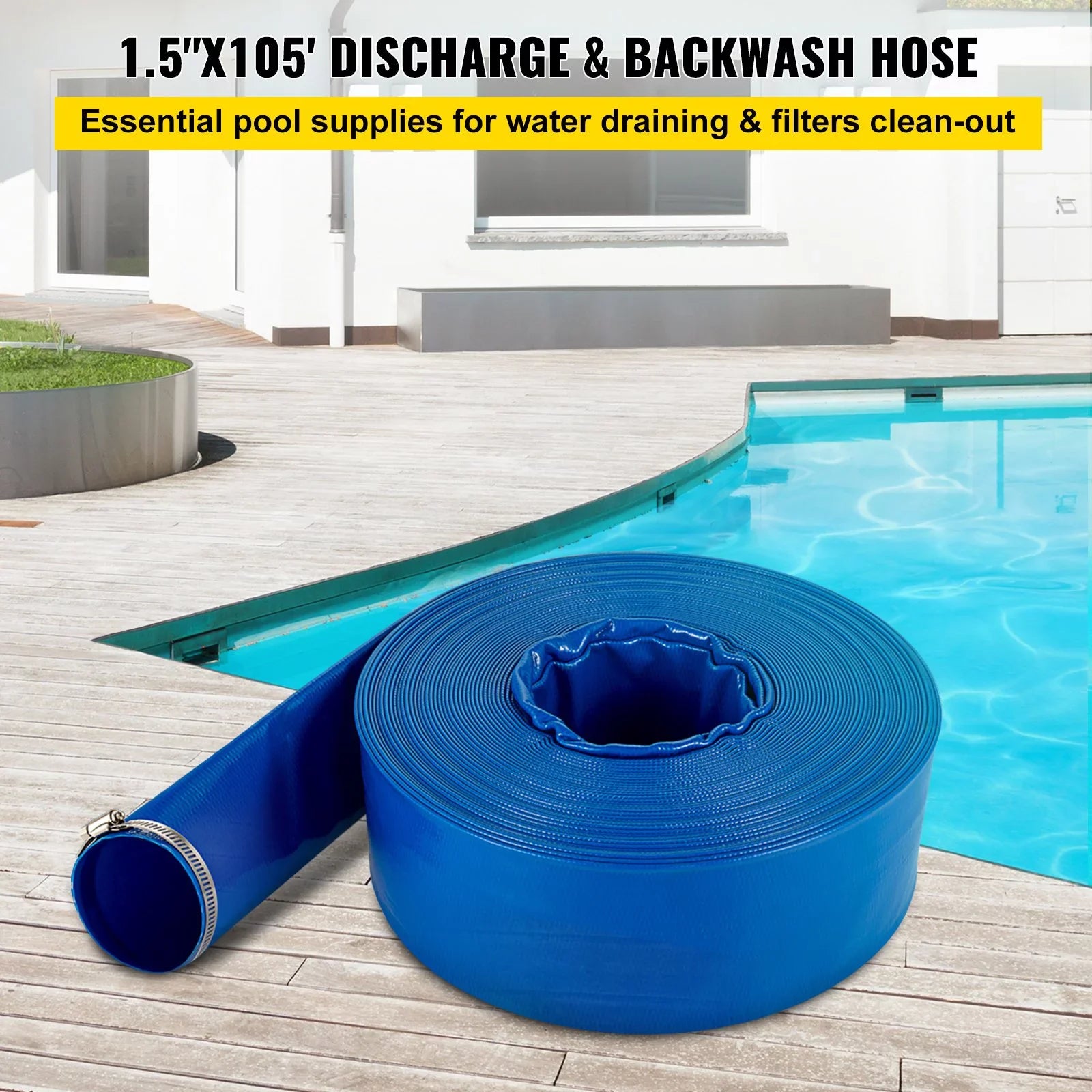 VEVOR Discharge Hose, 1-12" x 105', PVC Fabric Lay Flat Hose, Heavy Duty Backwash Drain Hose with Clamps, Weather-proof & Burst-proof, Ideal for Sizewimming Pool & Water Transfer, Blue