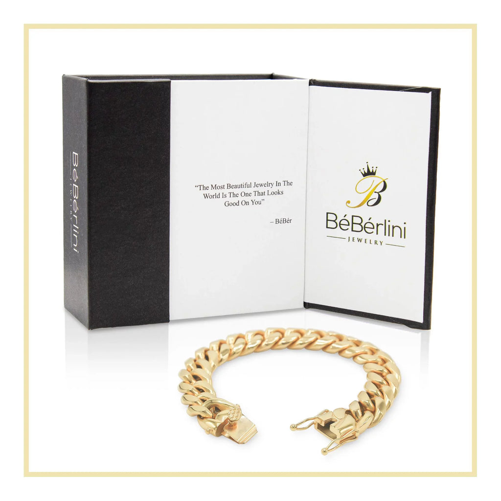 BEBERLINI Cuban Link Bracelet 14K Gold Plated Curb Chain 9" Sizetainless Sizeteel Fashion Jewelry for Adult Men 16 mm