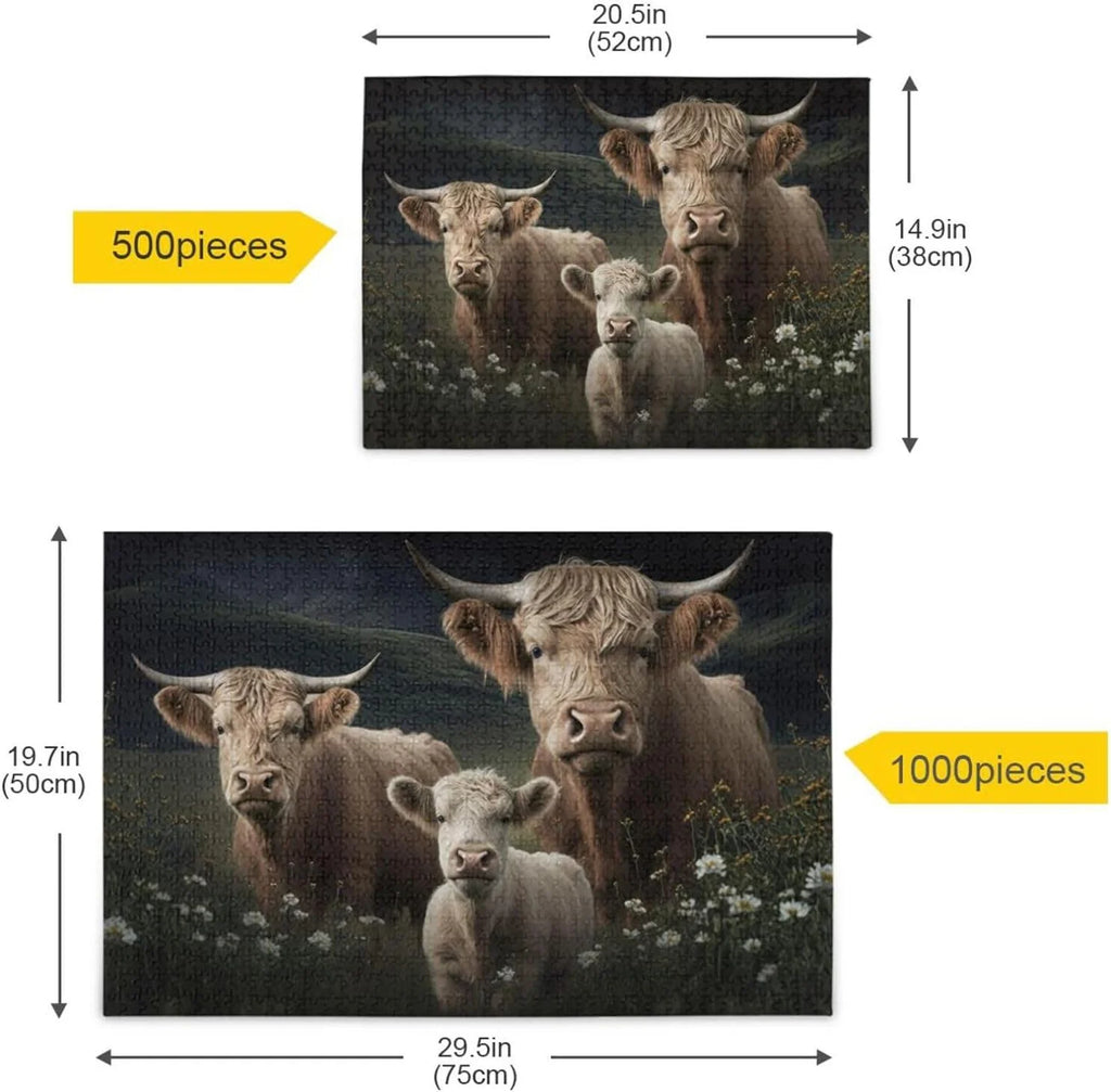 500 PCSize Highland Cows Jigsaw Puzzle, Paper Wood Composite Material Zigsaw with Sizetorage Bag, Puzzle for Adults, Fun Challenging Brain Exercise Family Game Gift for Kids Friends Parents