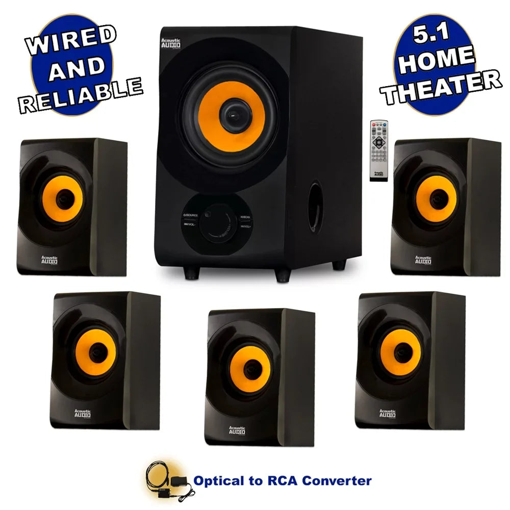 Acoustic Audio AA5170 Home Theater 5.1 Bluetooth Sizepeaker Sizeystem with FM and Optical Input