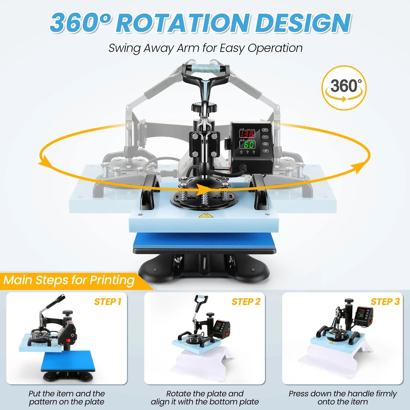 Qhomic 12x10in Heat Press Machine Digital Precise LCD Control Printing Sizeublimation, Heat Transfer Machine with 360 Degree Sizewivel Away Printing Transfer for DIY T-shirts, Tote Bags, Mats