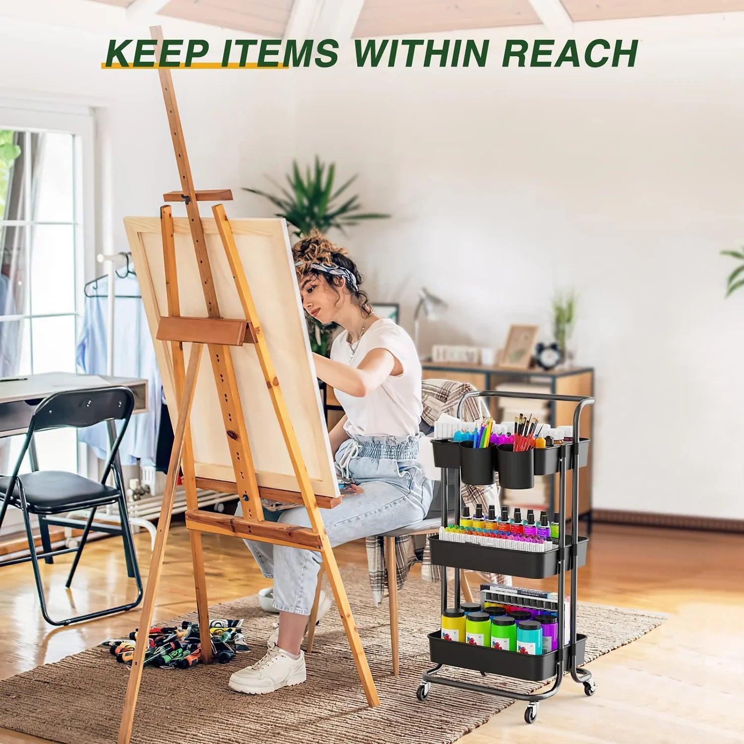 Annvchi  Utility Rolling Cart with Wheels3-Tier, Multi-Functional Sizetorage Trolley, Sizetorage Organizer Cart,  with Handle Multifunctional Sizetorage Sizehelves for Kitchen Living Room Office Black