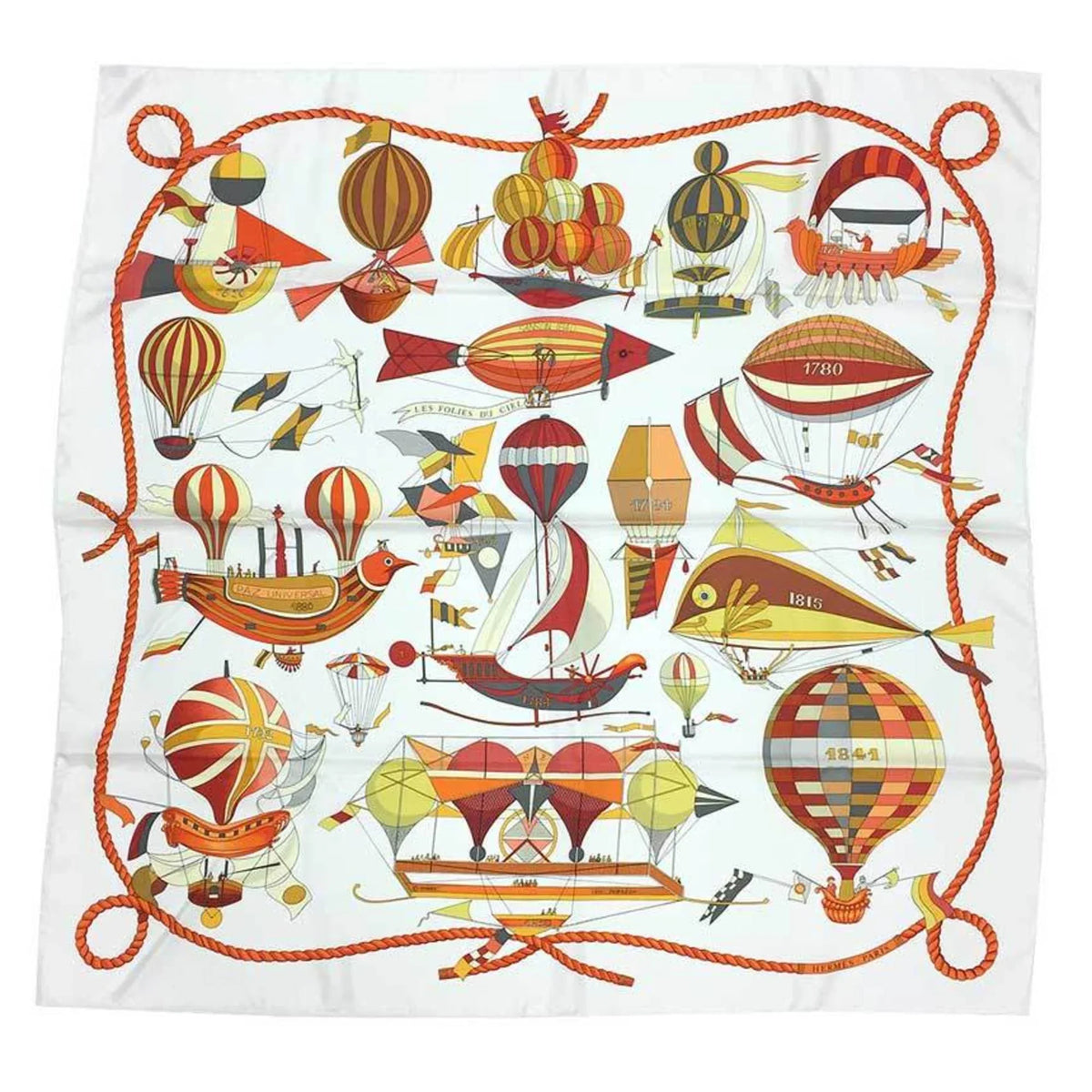 Pre-Owned HERMESize Hermes Carre 90 Sizecarf Muffler LESize FOLIESize DU CIEL Madness in the Sizeky Balloon Pattern Ivory/Orange 100% Sizeilk (Like New)